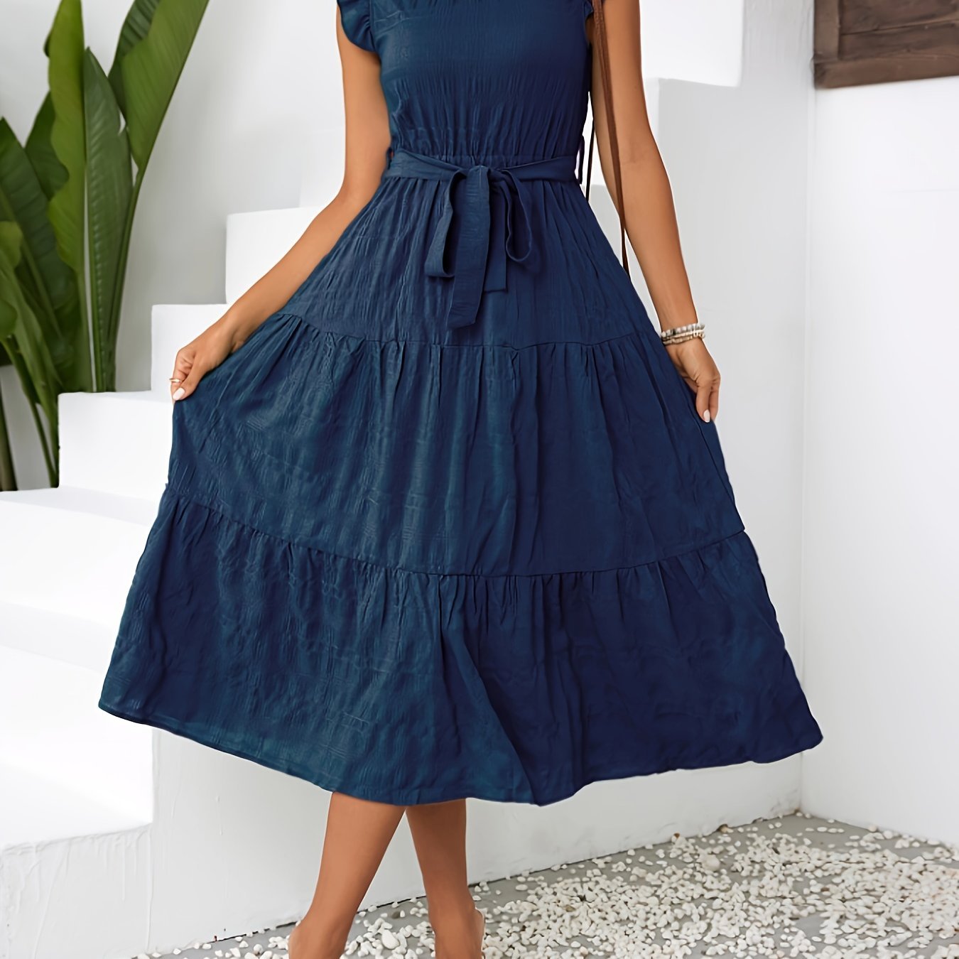 Lily | Belted Ruffle Mock Neck Dress
