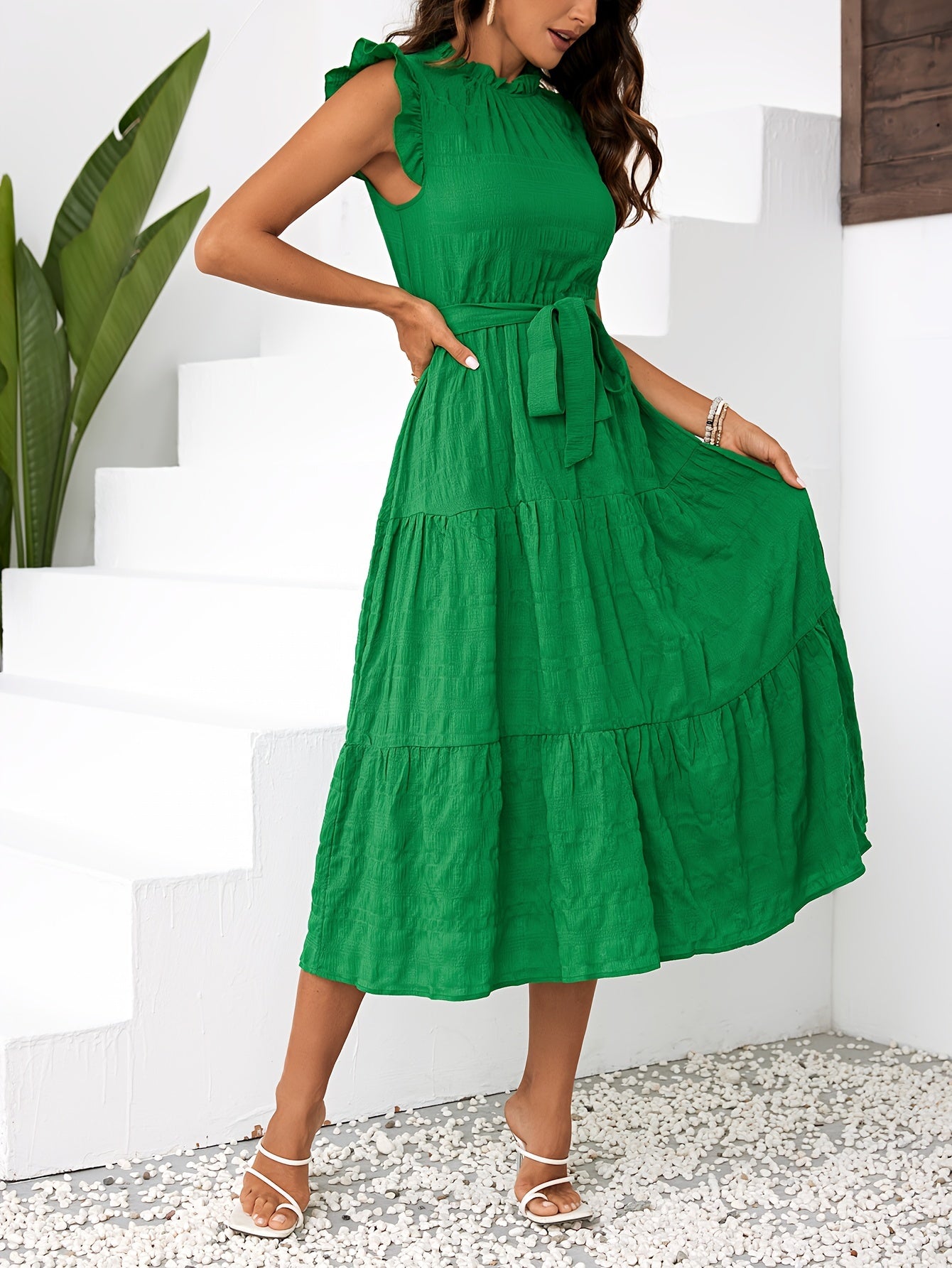 Lily | Belted Ruffle Mock Neck Dress