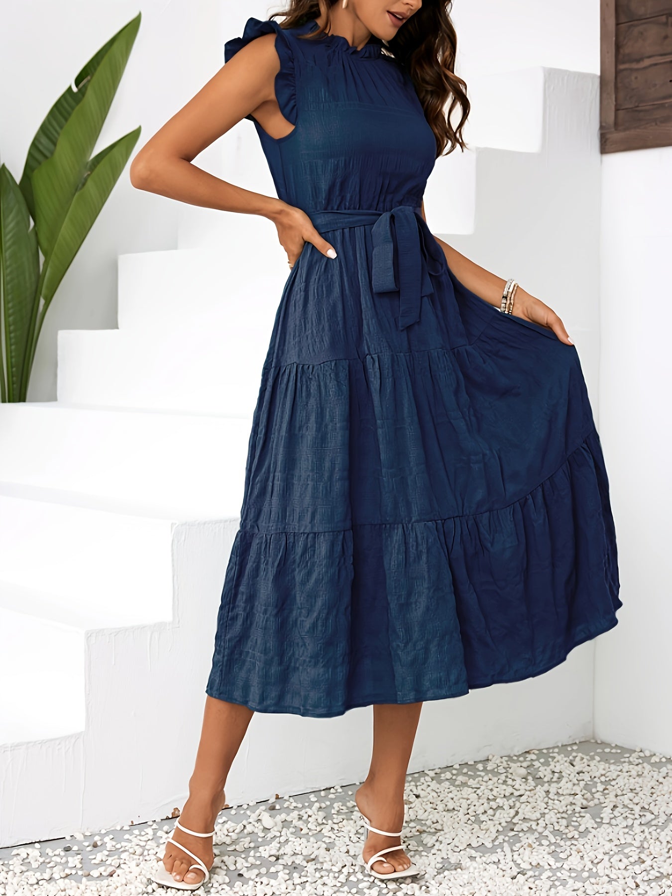 Lily | Belted Ruffle Mock Neck Dress