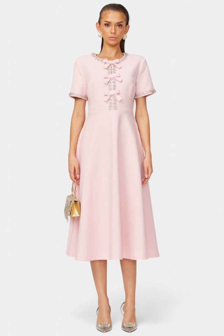 Linda | Crystal Bow Flared Midi Dress