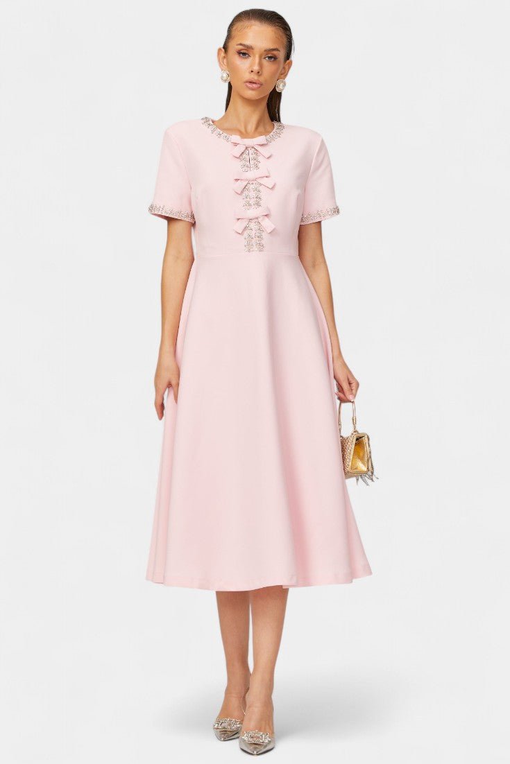 Linda | Crystal Bow Flared Midi Dress
