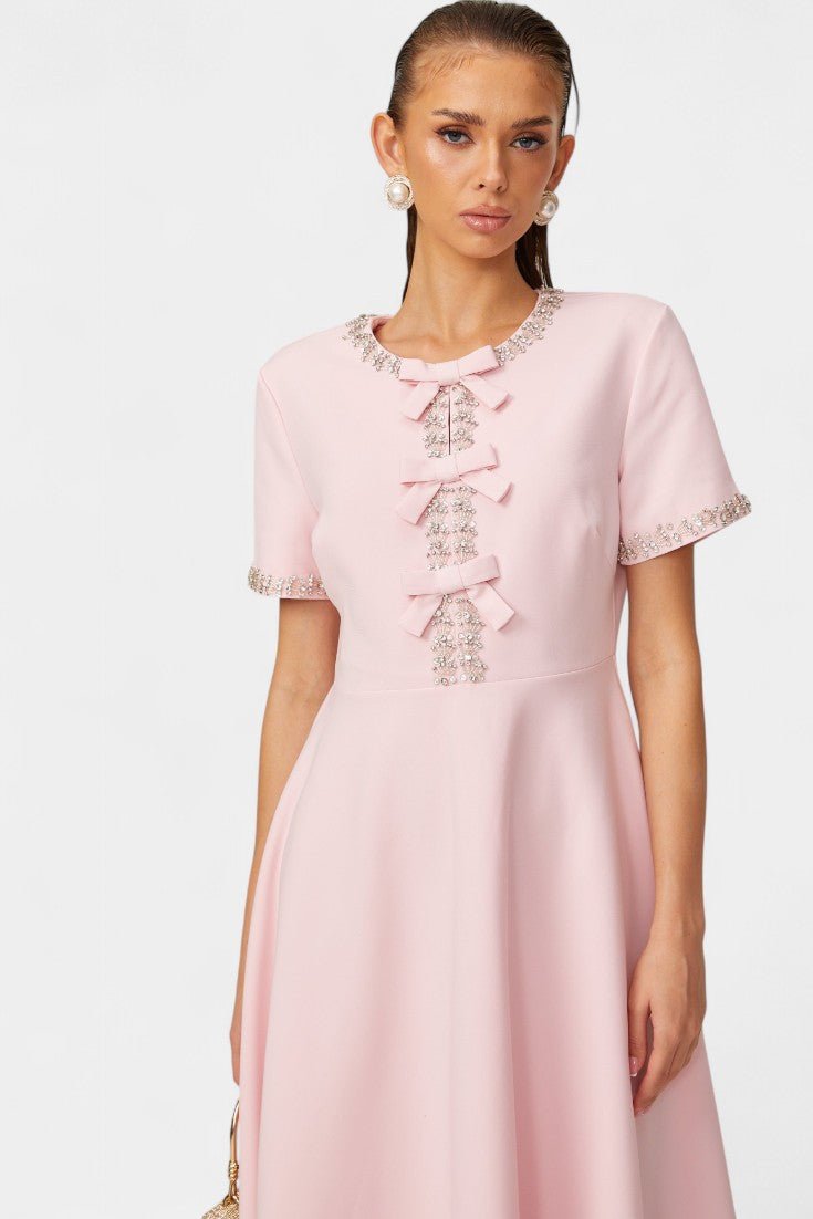 Linda | Crystal Bow Flared Midi Dress