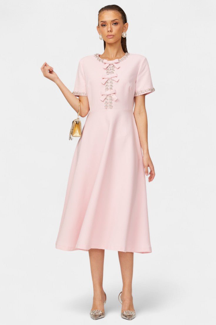 Linda | Crystal Bow Flared Midi Dress