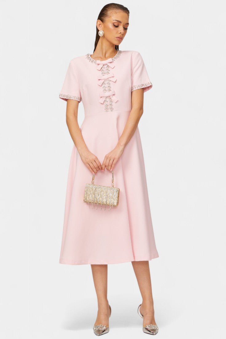 Linda | Crystal Bow Flared Midi Dress