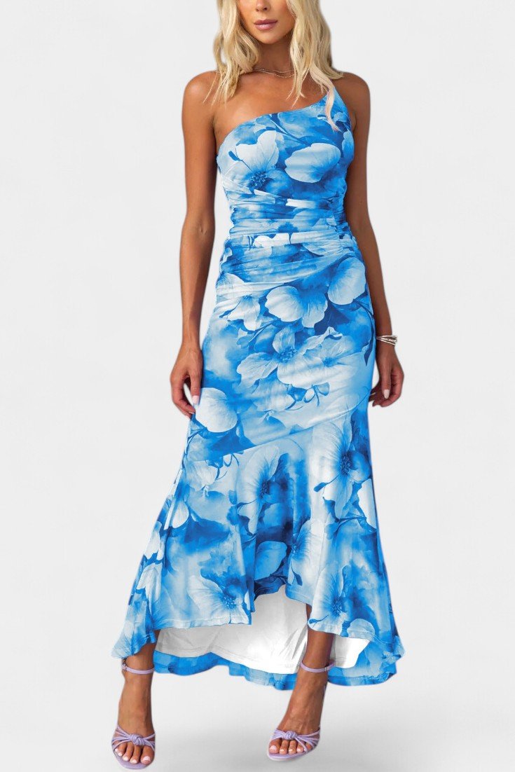 Solene | One-Shoulder Floral Ruched Midi Dress