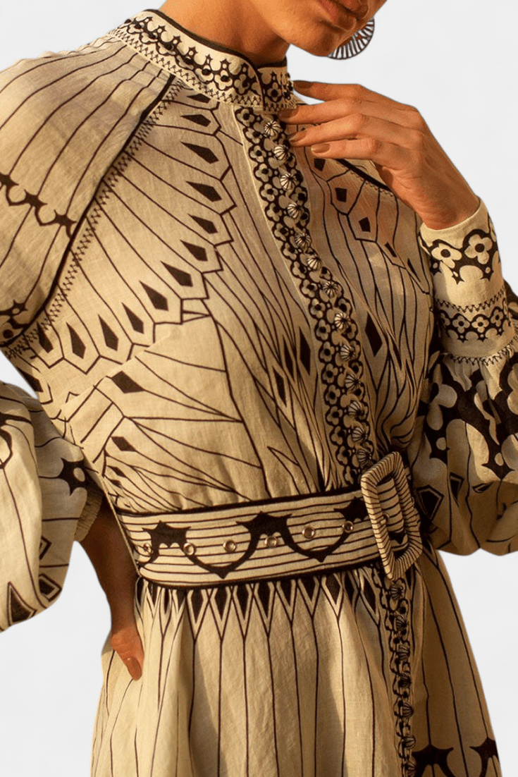 Soria | Embroidered Folk Print Button Maxi Dress