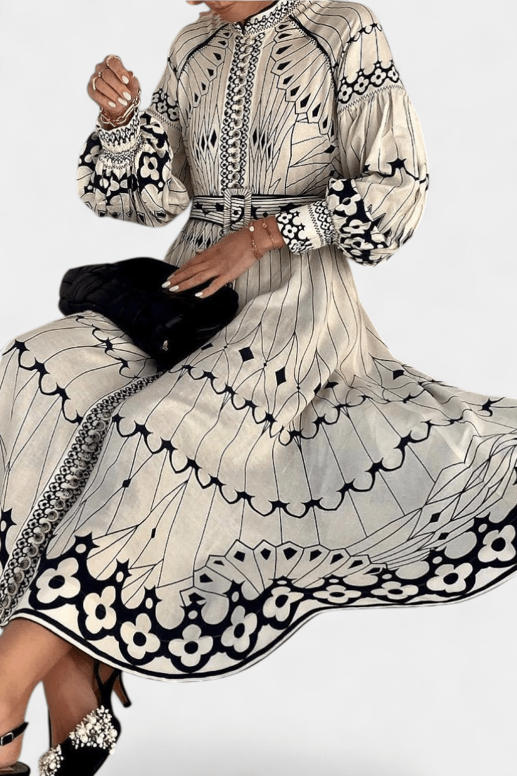 Soria | Embroidered Folk Print Button Maxi Dress