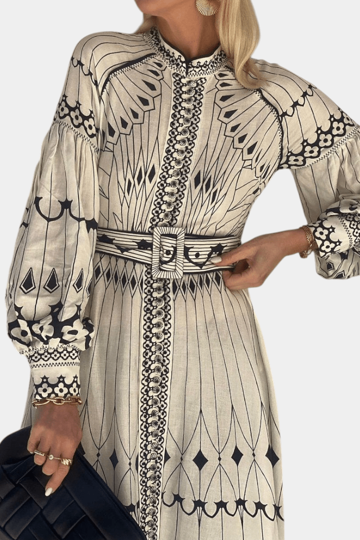 Soria | Embroidered Folk Print Button Maxi Dress