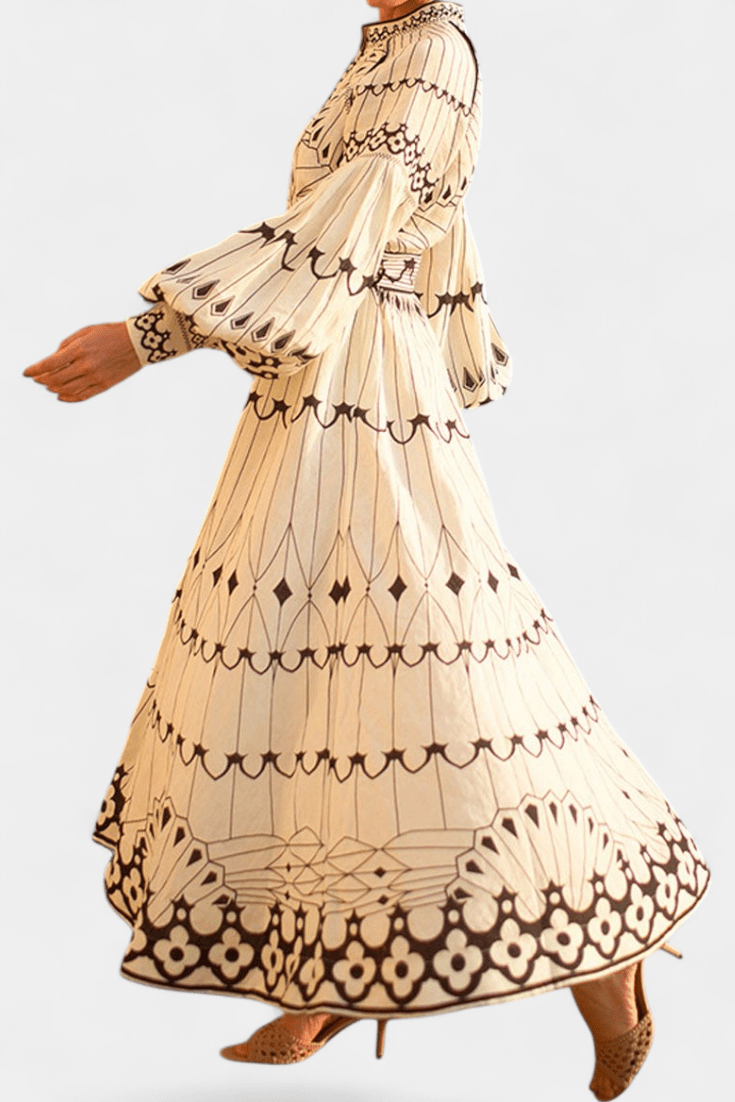 Soria | Embroidered Folk Print Button Maxi Dress