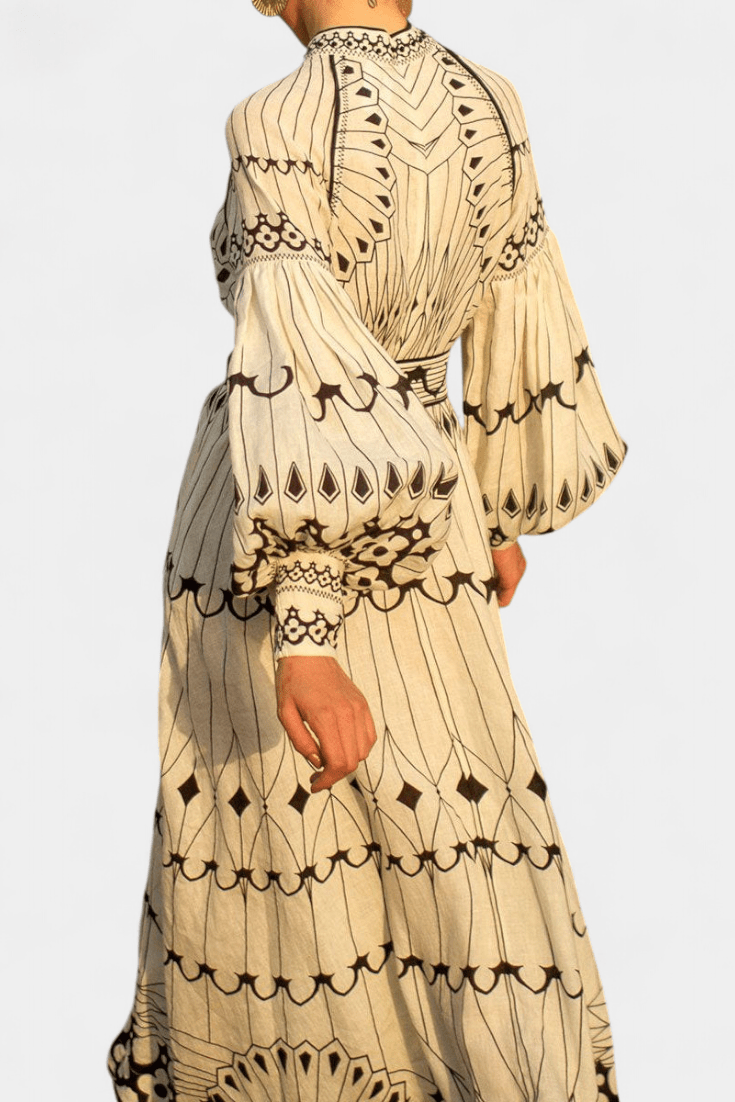 Soria | Embroidered Folk Print Button Maxi Dress