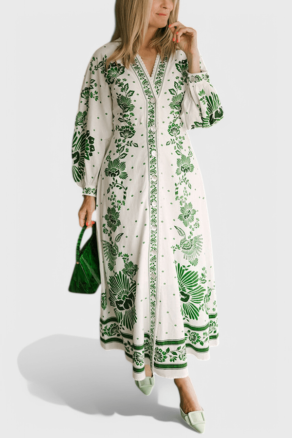 Unique | Print Button Down Long Sleeve Shirt Maxi Dress