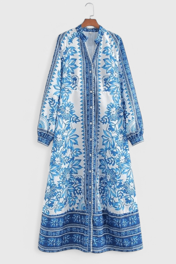 Unique | Print Button Down Long Sleeve Shirt Maxi Dress