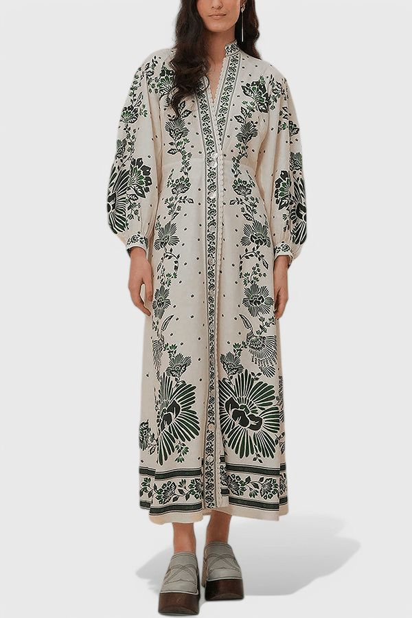 Unique | Print Button Down Long Sleeve Shirt Maxi Dress