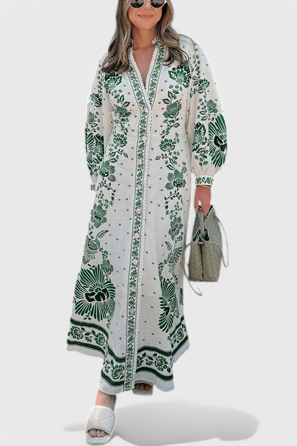 Unique | Print Button Down Long Sleeve Shirt Maxi Dress