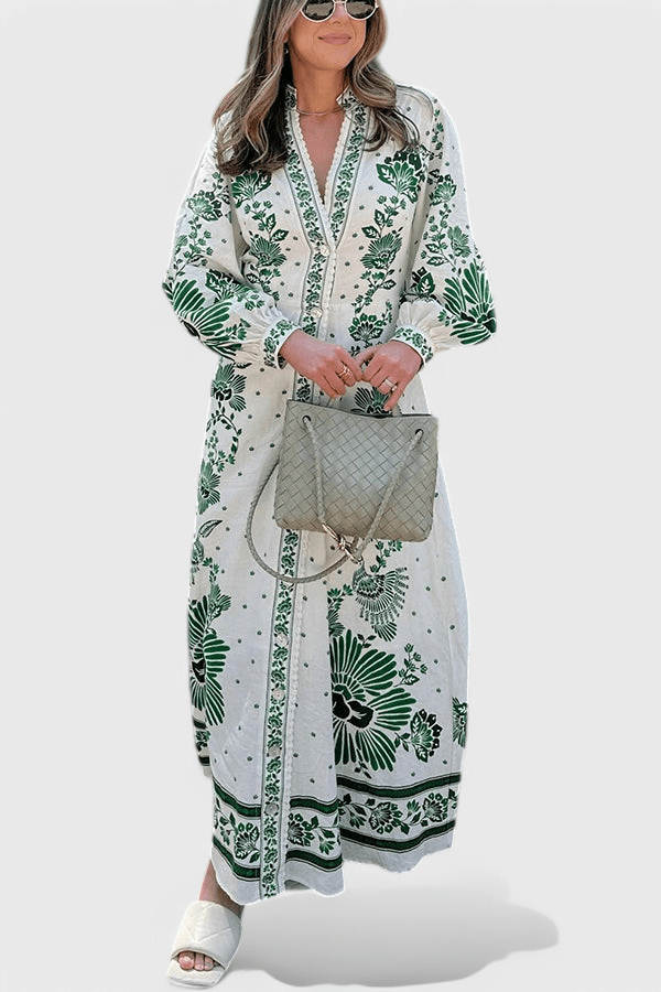 Unique | Print Button Down Long Sleeve Shirt Maxi Dress