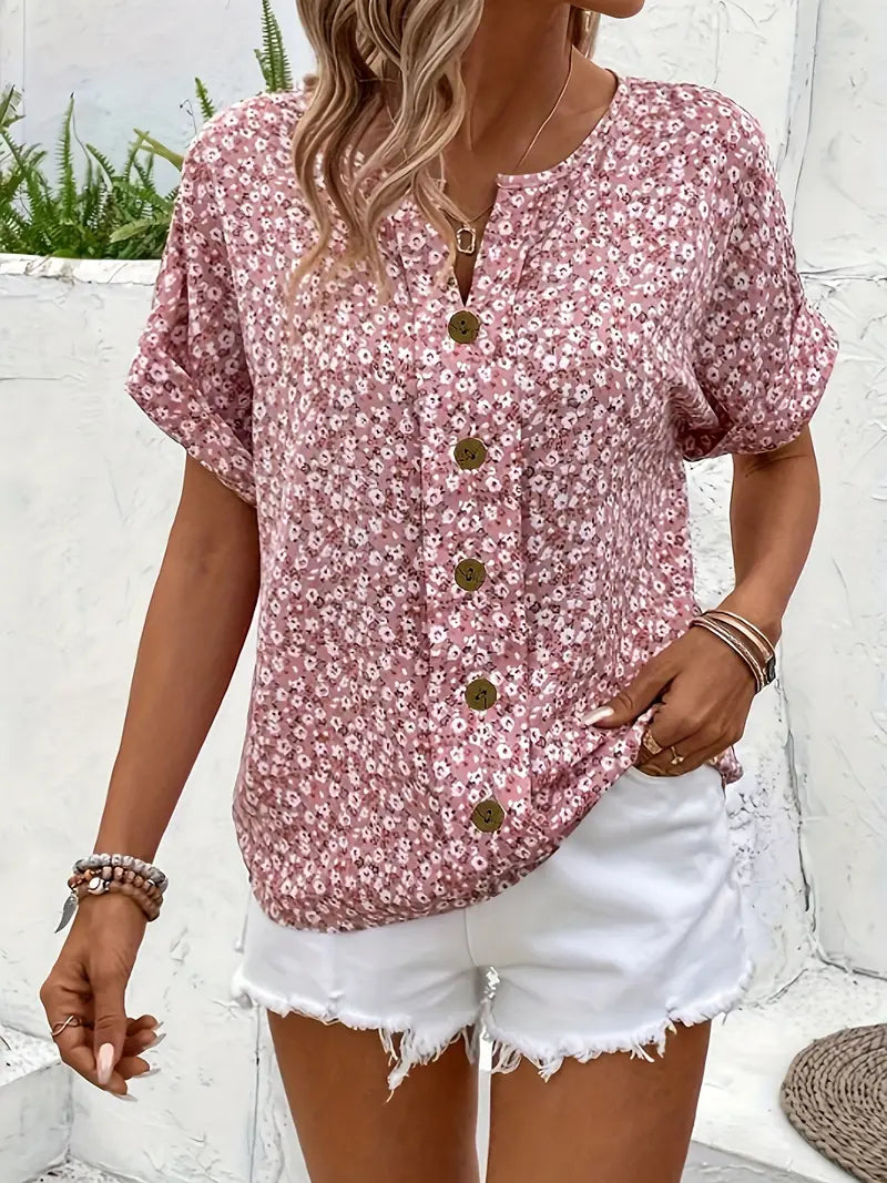 Cindy | Floral Print Notched Colour Blouse