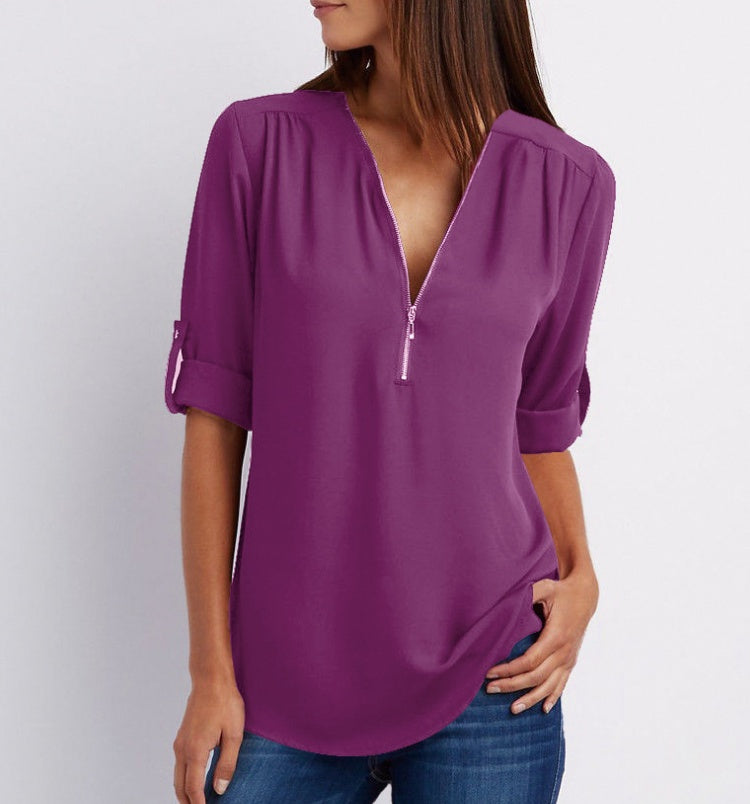 Kylie - Lightweight Zip Blouse - Solid Color