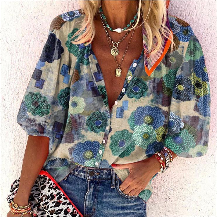 Alma - Bohemian print blouse with short sleeves