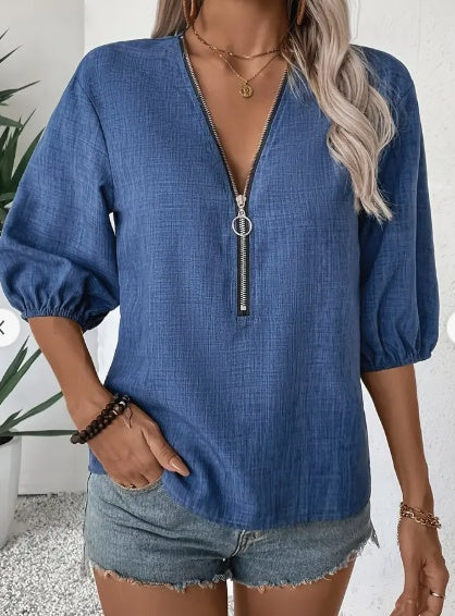 Keeley Blouse - Deep V Neckline and Zip Closure