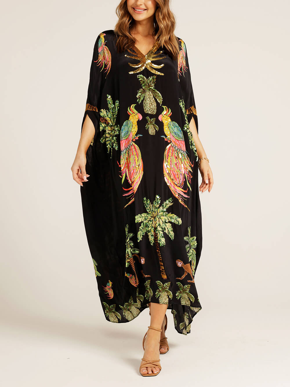 Destiny Drop Shoulder Sleeve Coconut Tree Printed Dress