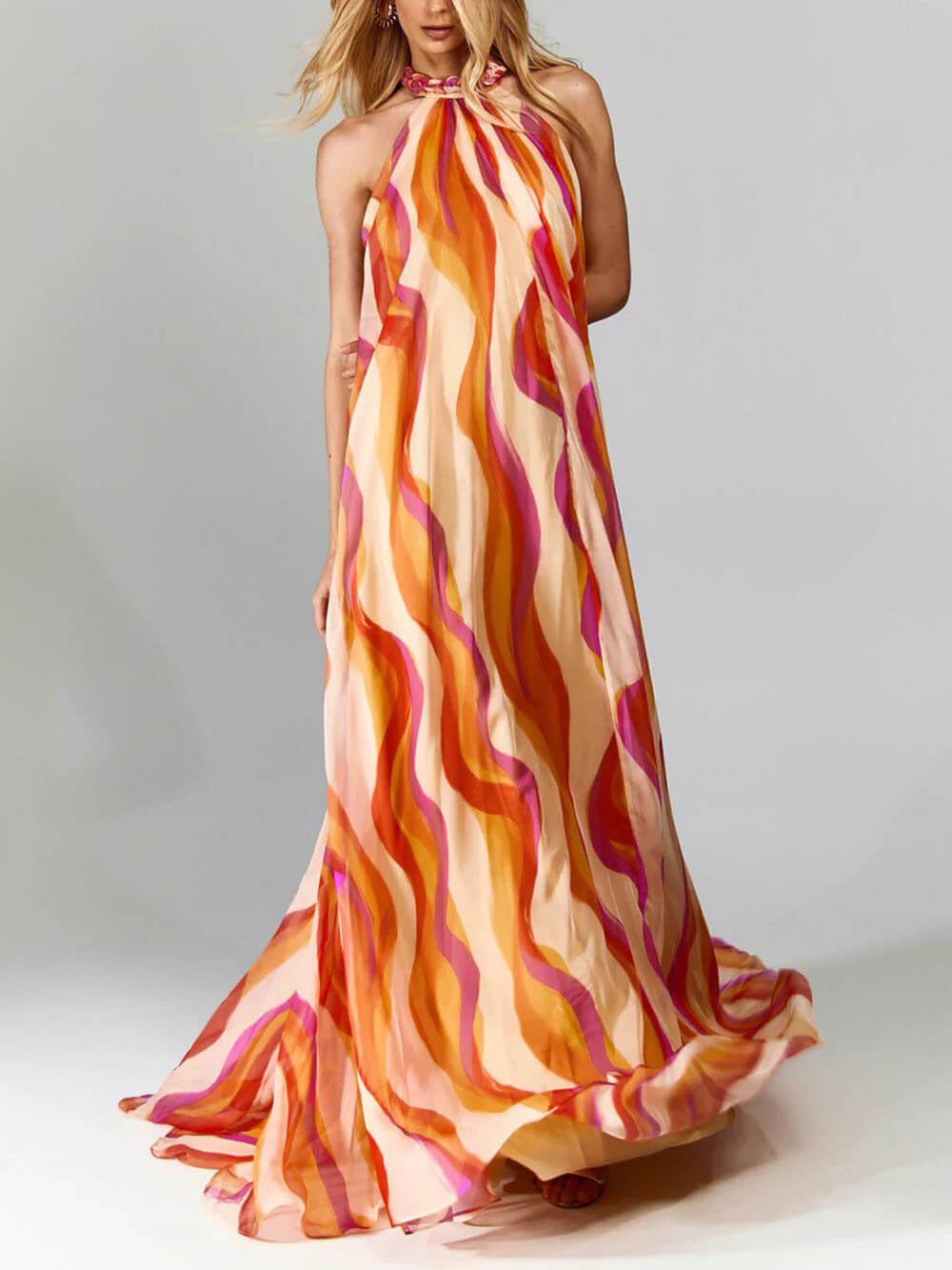 Elsa Braided Halterneck Wave Print Maxi Dress