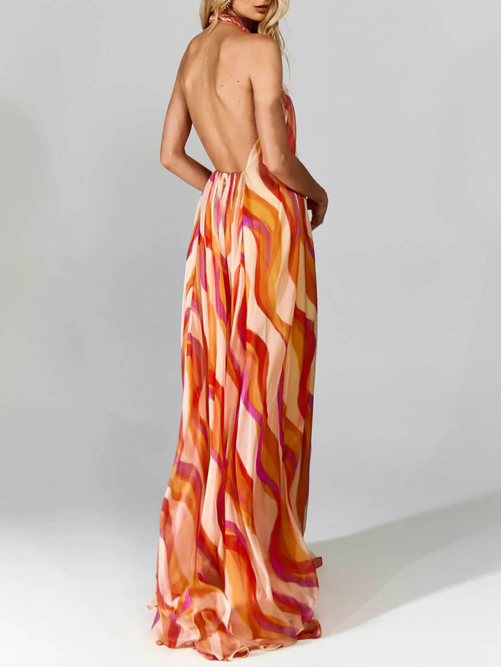 Elsa Braided Halterneck Wave Print Maxi Dress