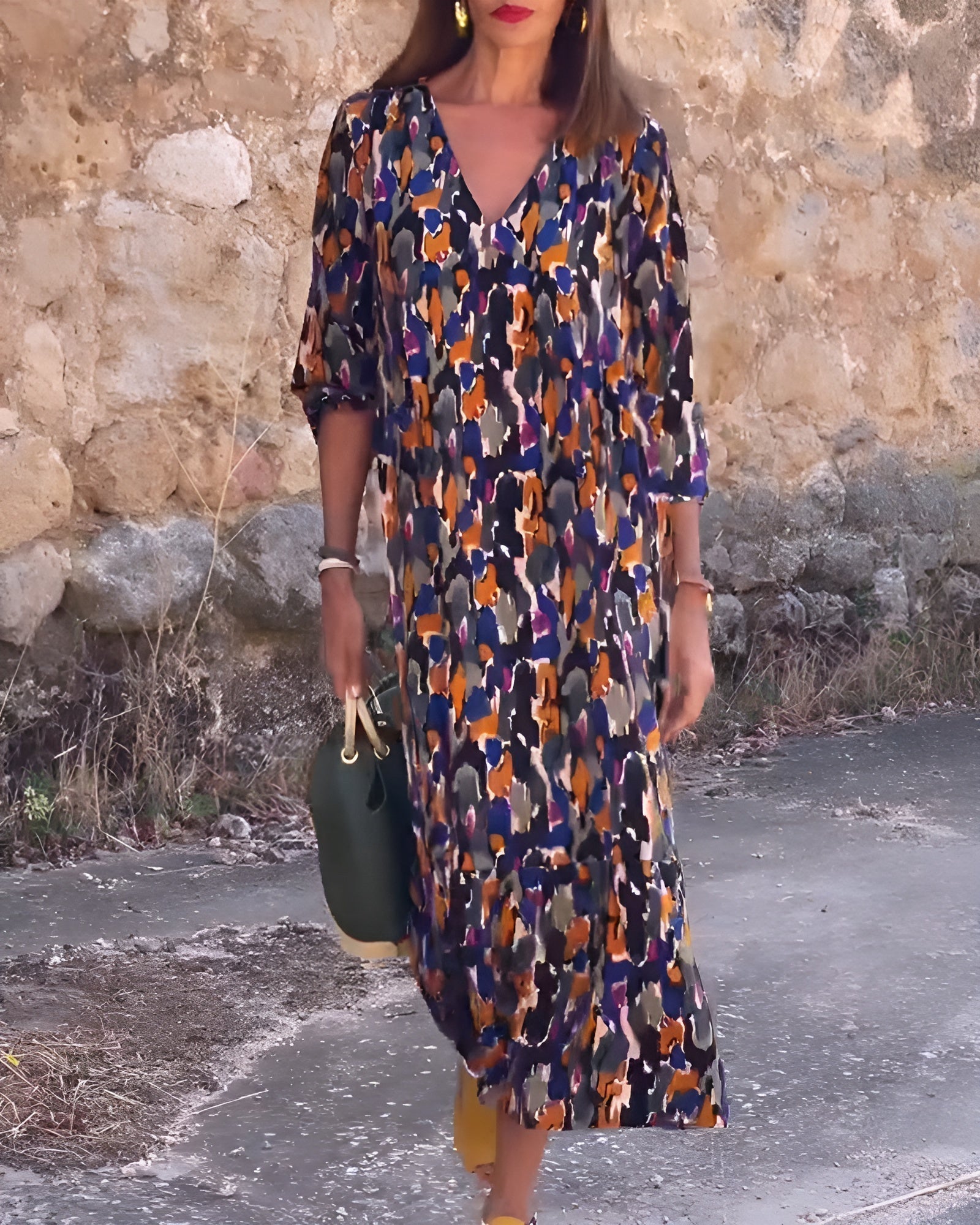 VIOLETTA | Long V-Neck Dress with Retro Pattern and Elegant Comfort for Every Occasion