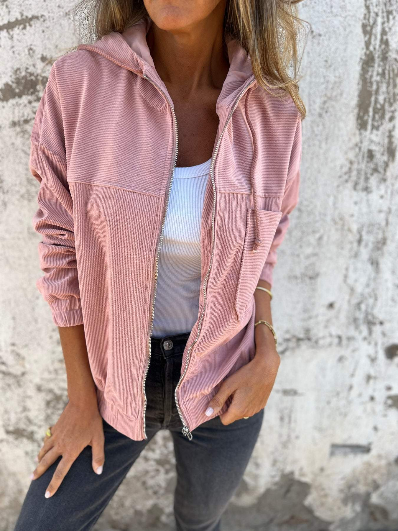 Pamella - Comfy Casual Cordroy Jacket with Hood and Zip