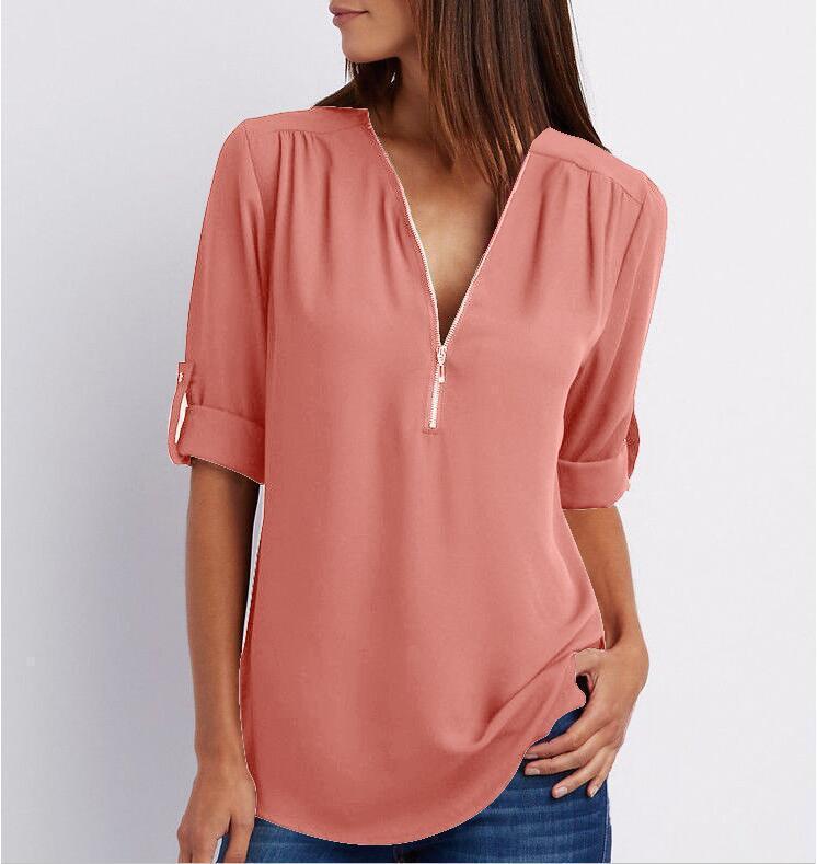 Kylie - Lightweight Zip Blouse - Solid Color
