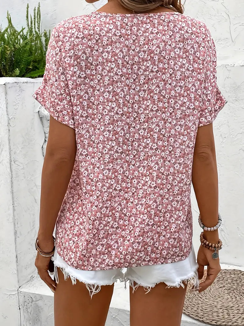 Cindy | Floral Print Notched Colour Blouse