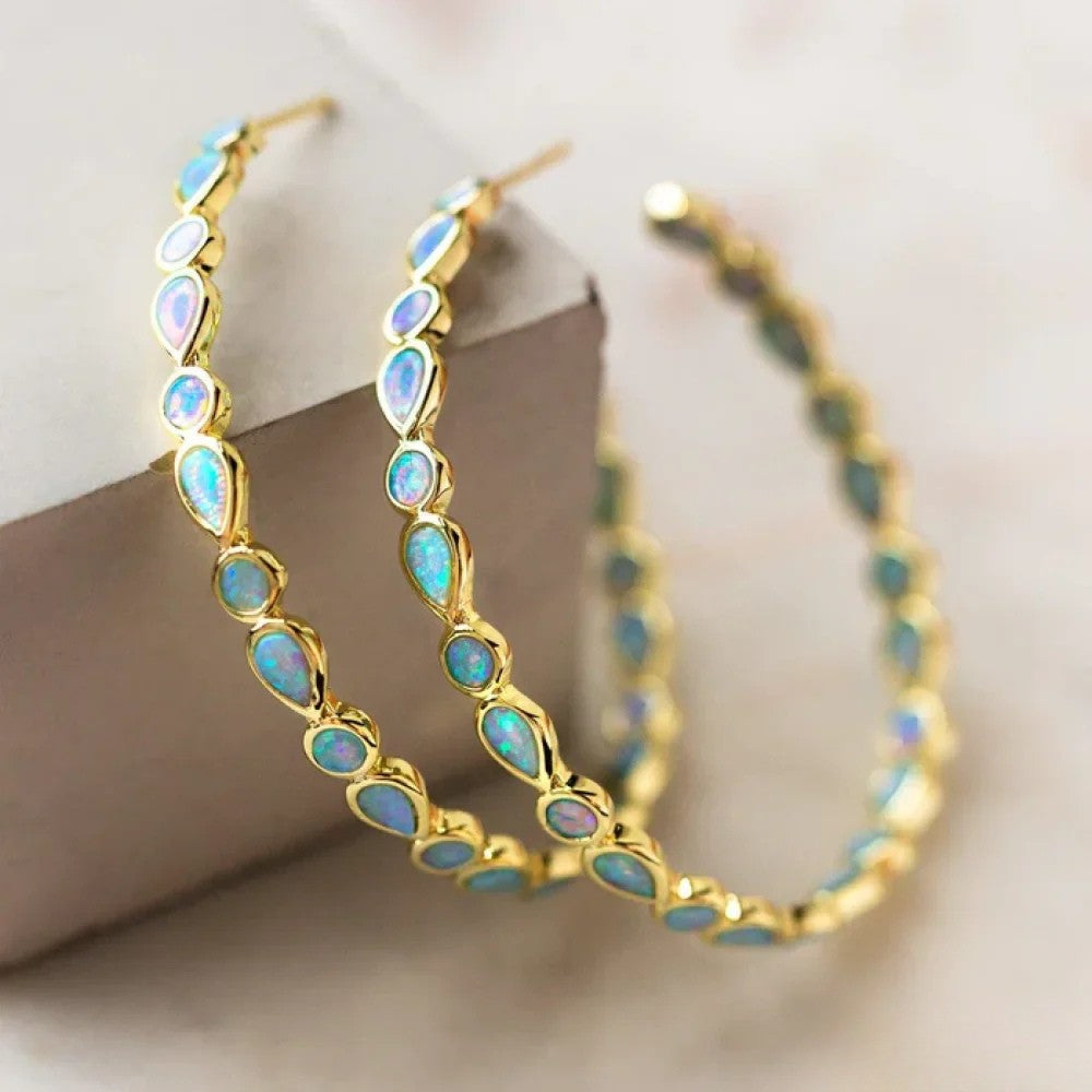 Vintage Gold Hoop Earrings with Blue Opal