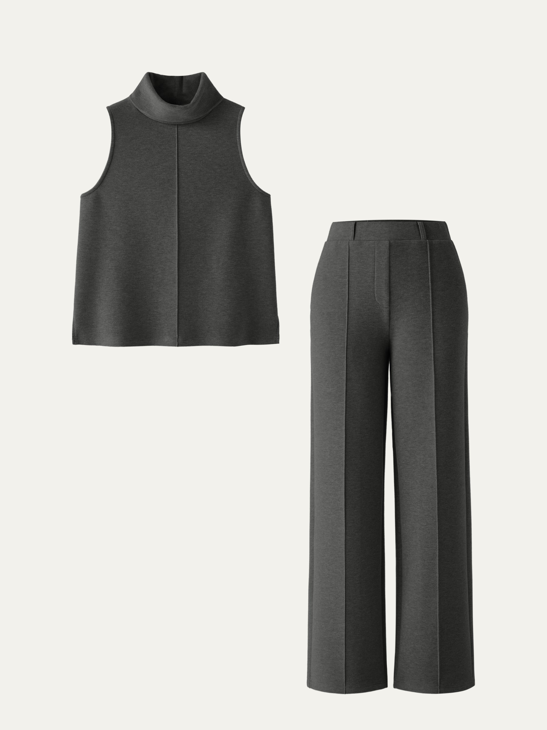 2Pcs Set Split Hem Top & High Waisted Straight Leg Pant