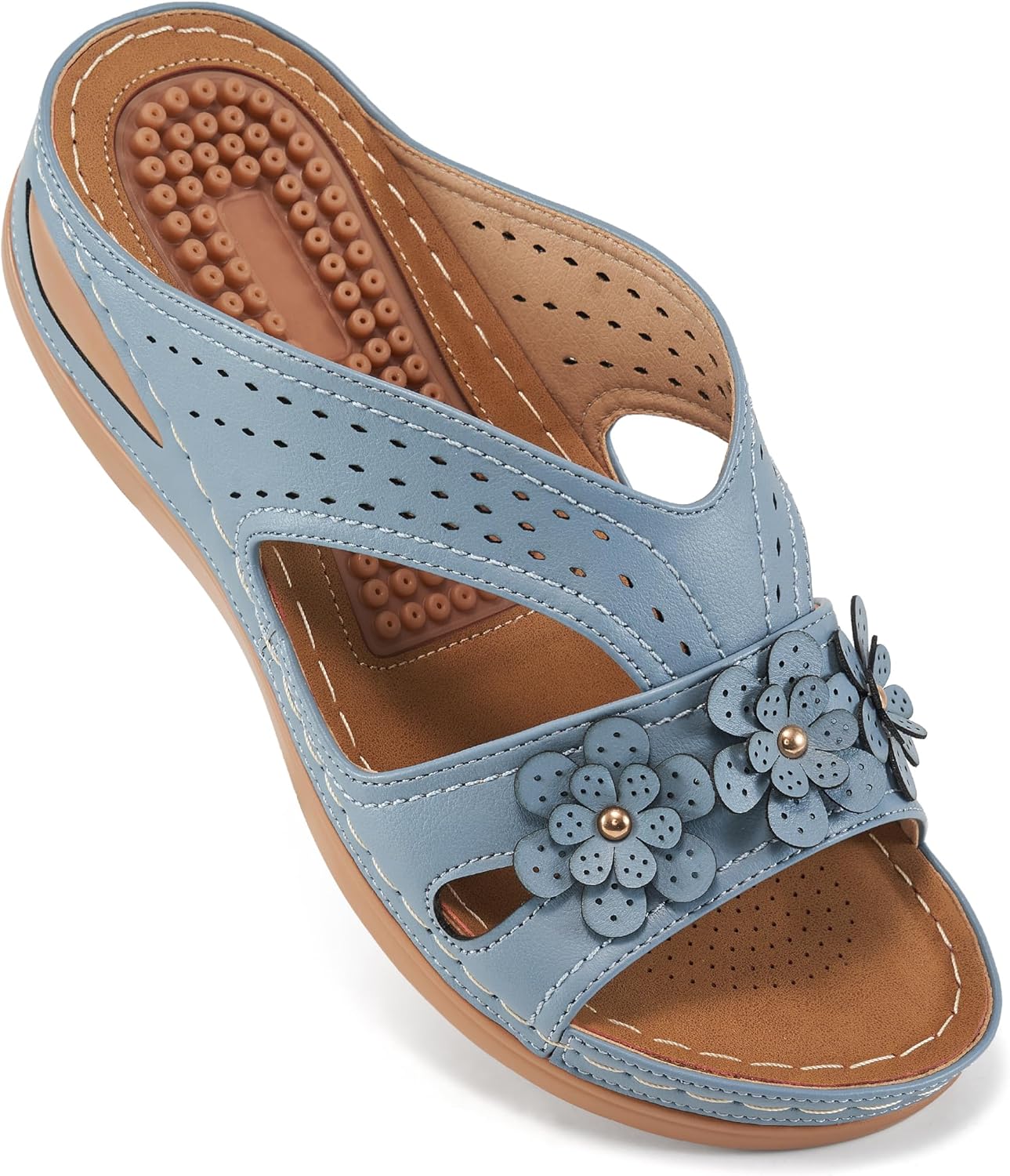 Eccent Womens Sandals Dressy Summer Comfortable Slides with Flowers Casual Non Slip Platform Lightweight Wedge Shoes