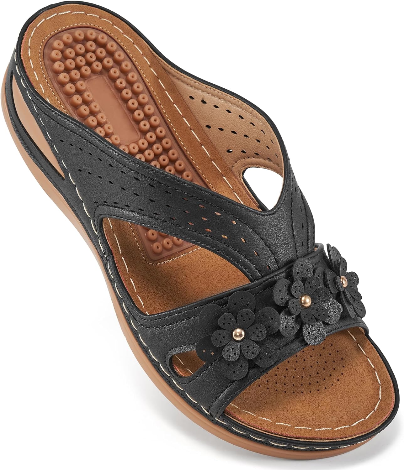 Eccent Womens Sandals Dressy Summer Comfortable Slides with Flowers Casual Non Slip Platform Lightweight Wedge Shoes