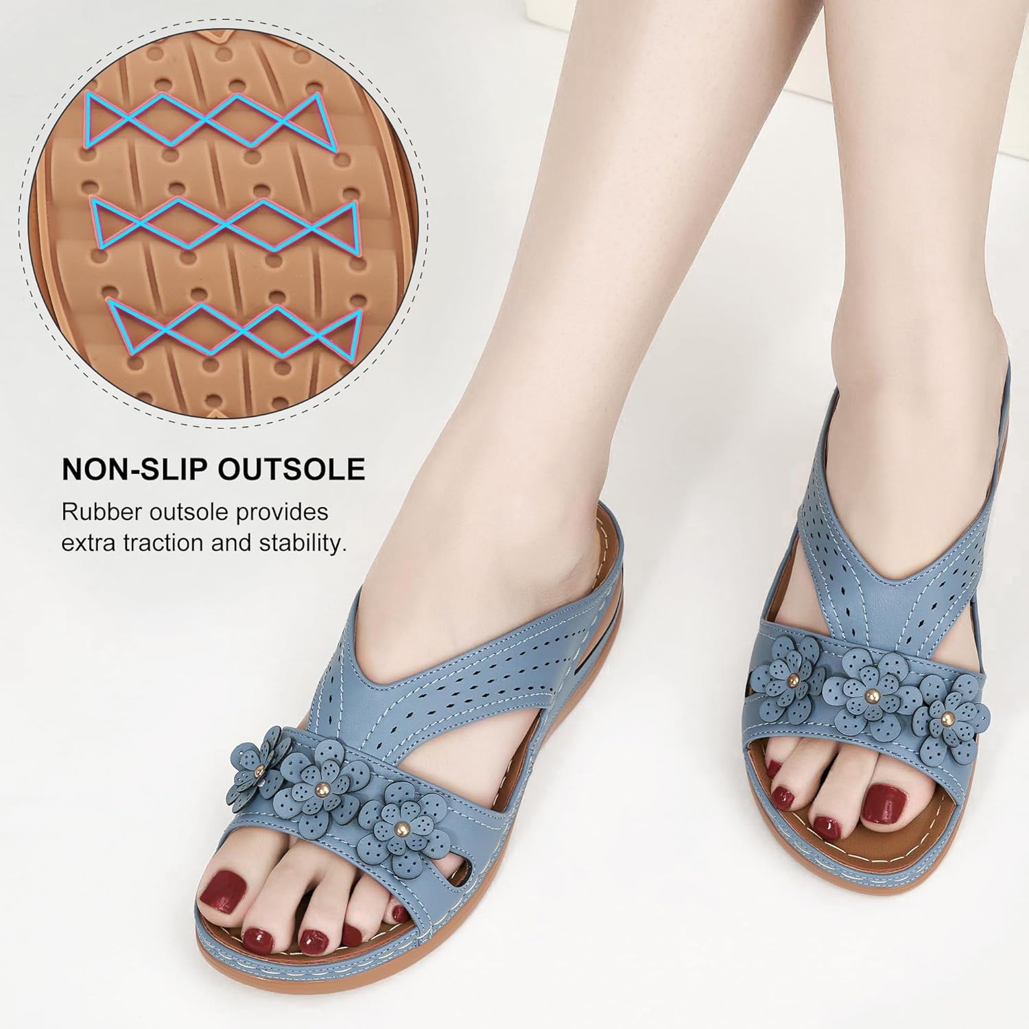Eccent Womens Sandals Dressy Summer Comfortable Slides with Flowers Casual Non Slip Platform Lightweight Wedge Shoes