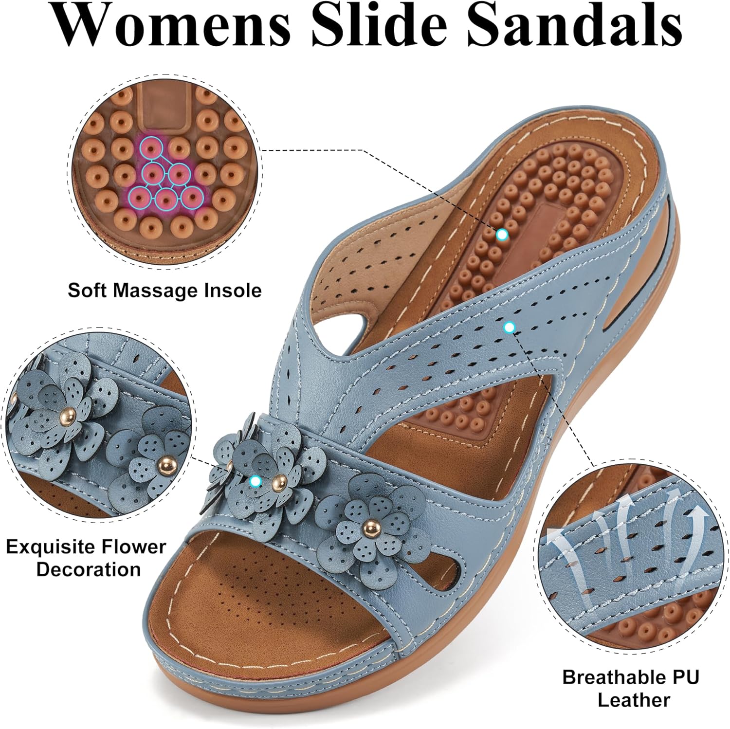 Eccent Womens Sandals Dressy Summer Comfortable Slides with Flowers Casual Non Slip Platform Lightweight Wedge Shoes