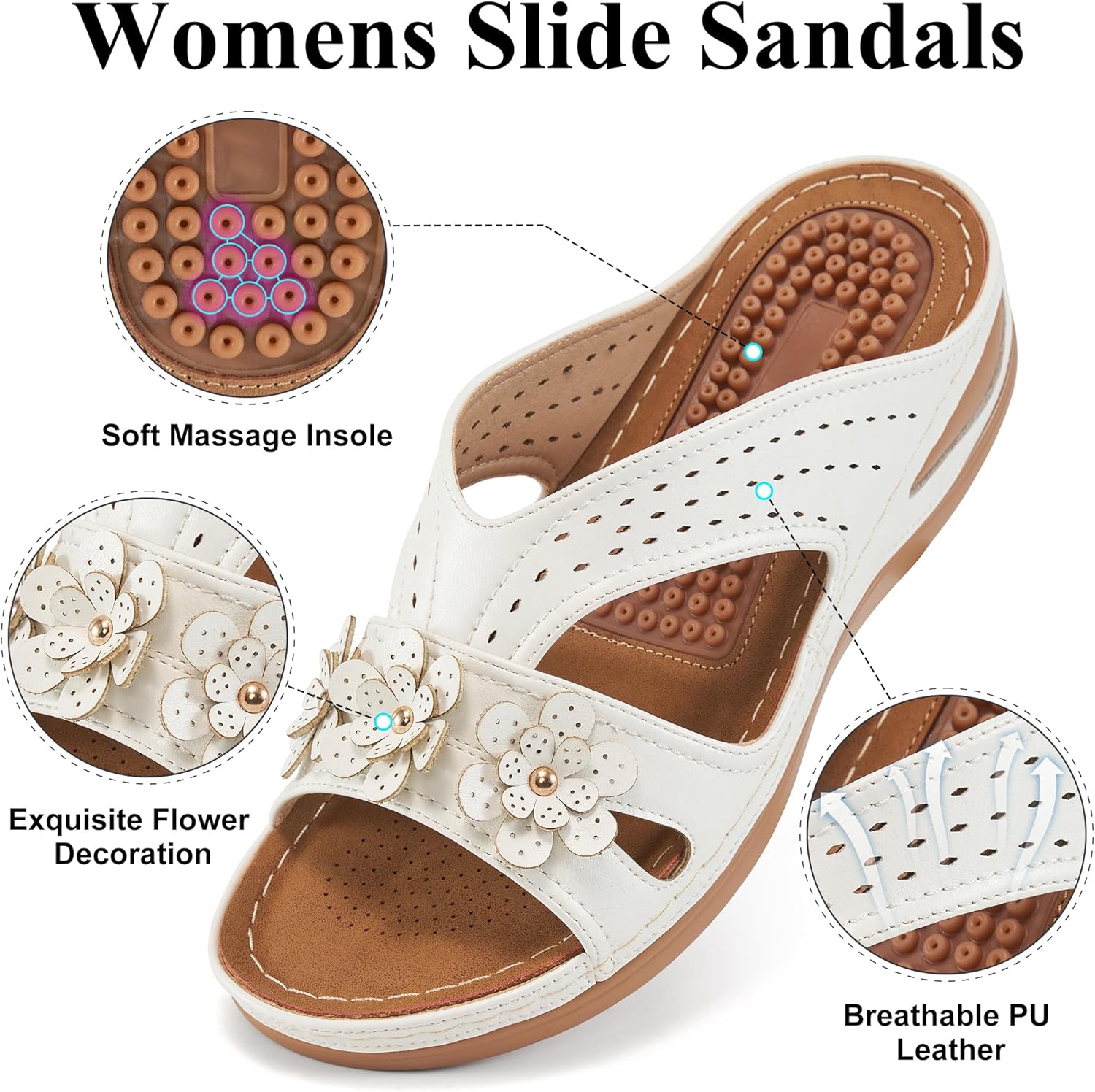 Eccent Womens Sandals Dressy Summer Comfortable Slides with Flowers Casual Non Slip Platform Lightweight Wedge Shoes