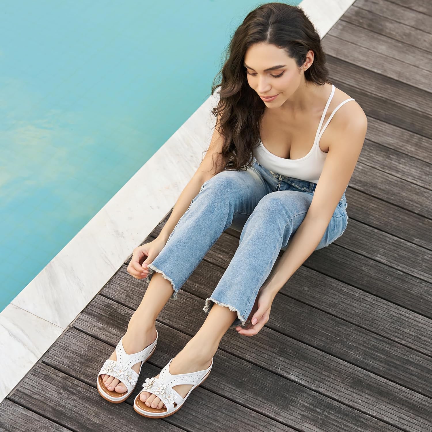 Eccent Womens Sandals Dressy Summer Comfortable Slides with Flowers Casual Non Slip Platform Lightweight Wedge Shoes