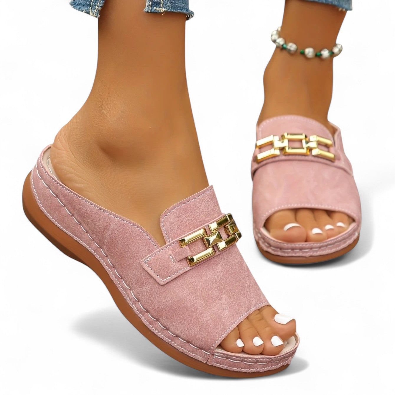 Romy Gold-Link Slide Sandals