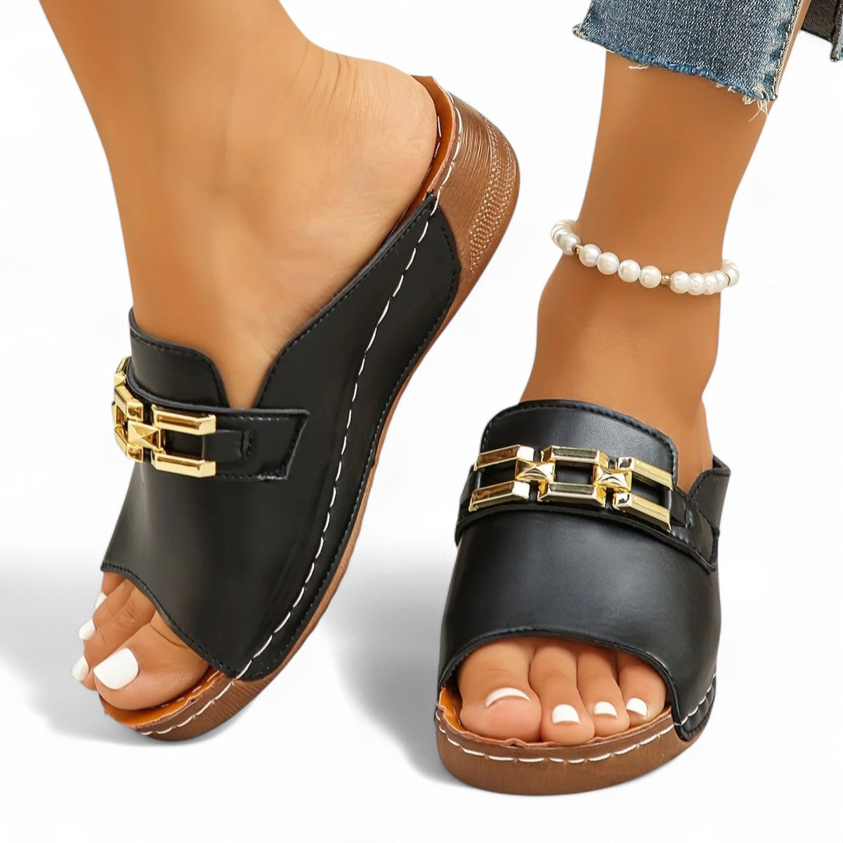 Romy Gold-Link Slide Sandals