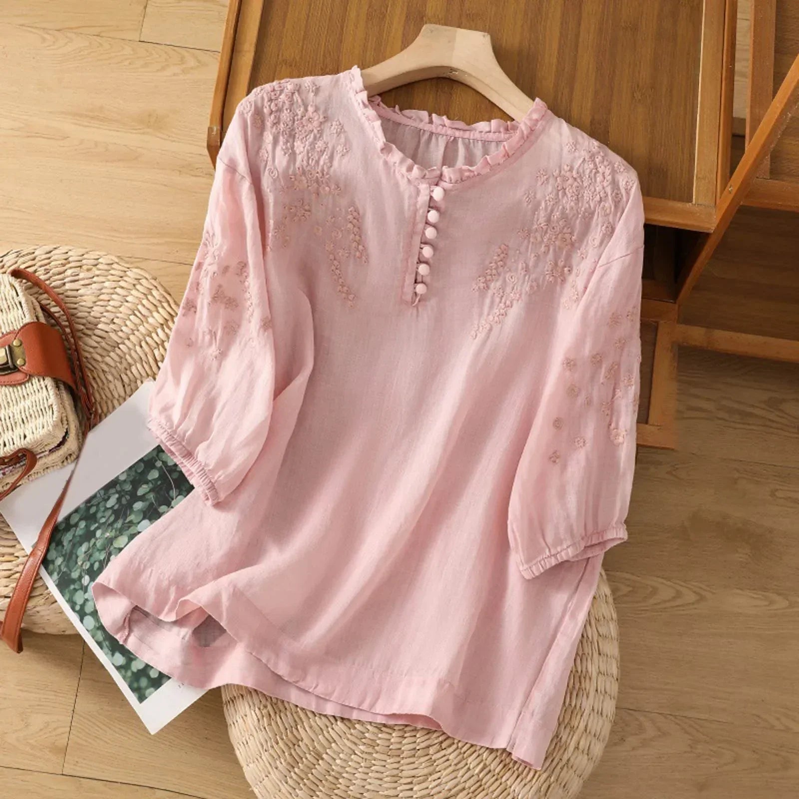 Susan| Embroidered Button-Front Blouse