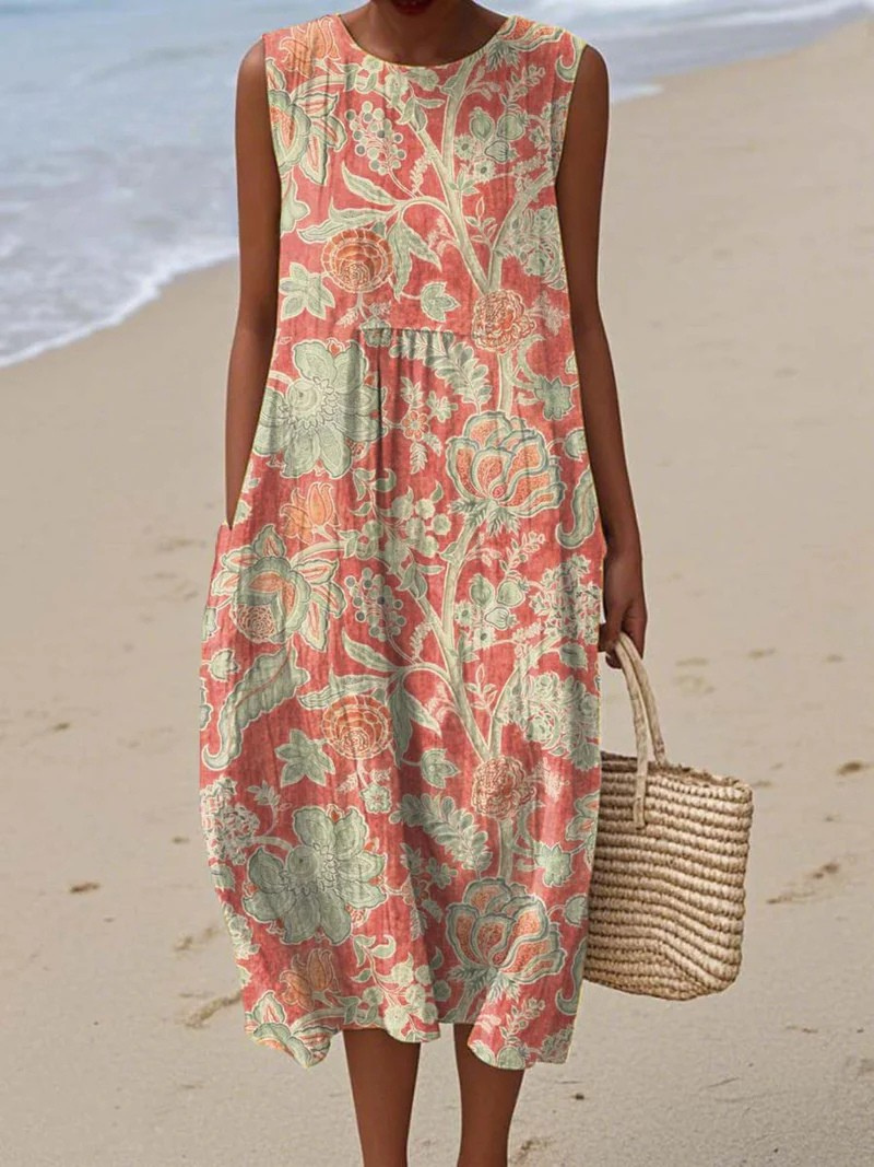 Women's Sleeveless Wrap Dress with Vintage Floral Art Print and Pockets