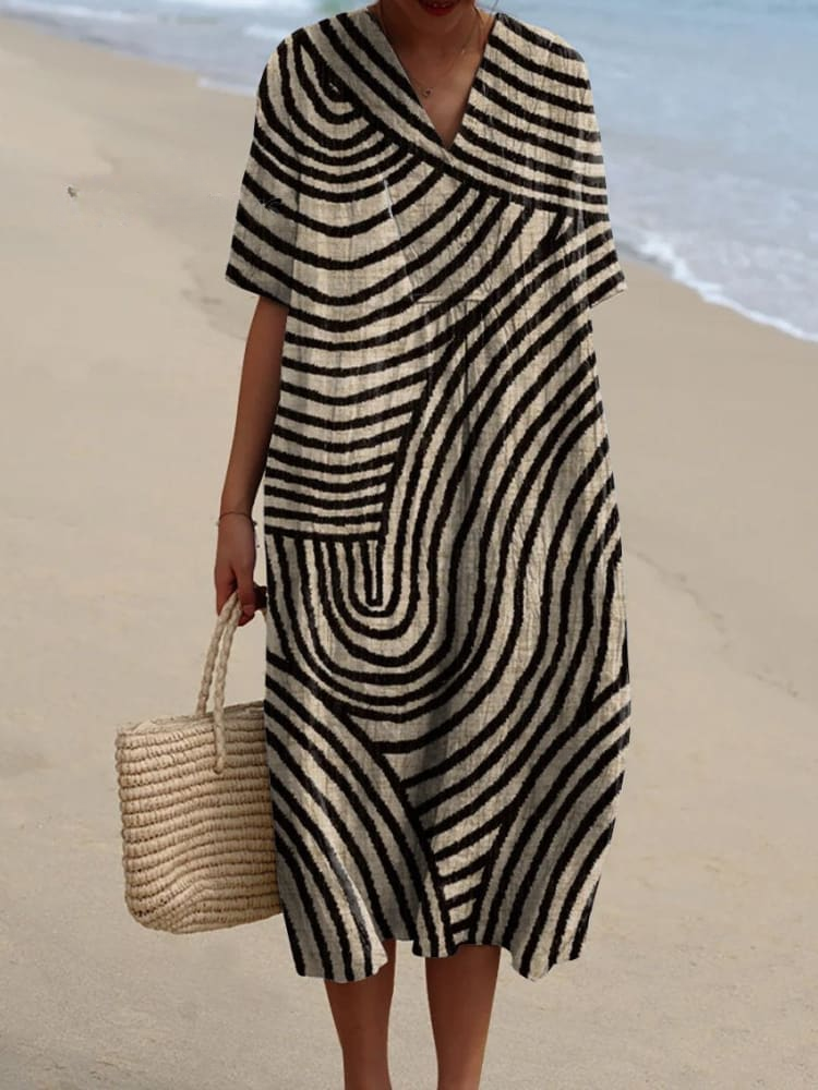 Flowy Dress with Hand-Drawn Geometric Circle Line Pattern for Women