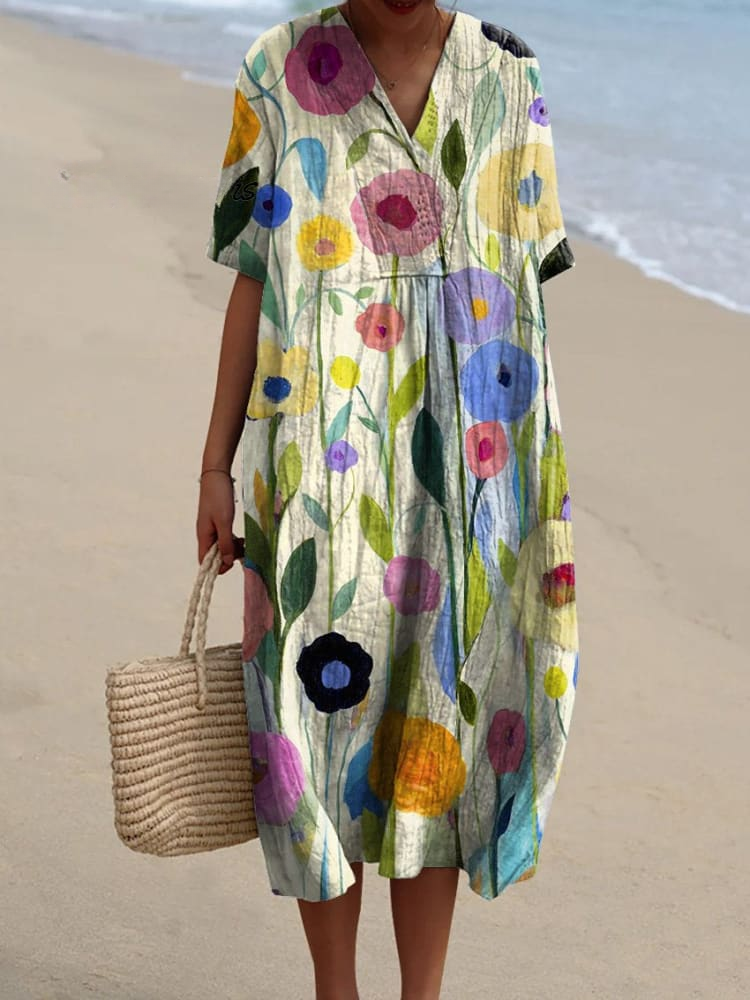 Flowy Women's Dress Featuring Spring Field Oil Painting Art