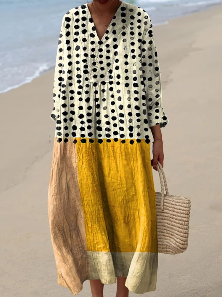 Women's Flowing Dress with Yellow Color-Blocked Dot Watercolor Art Print