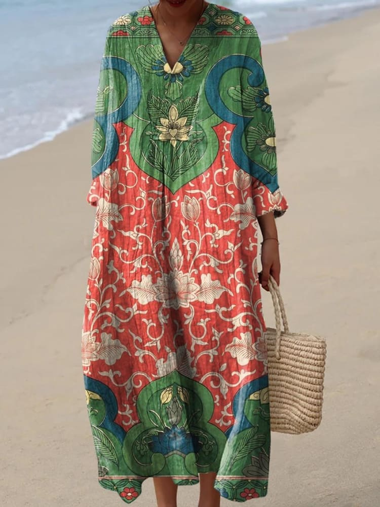 Charming Floral Art Print Dress for Women - Vintage Style
