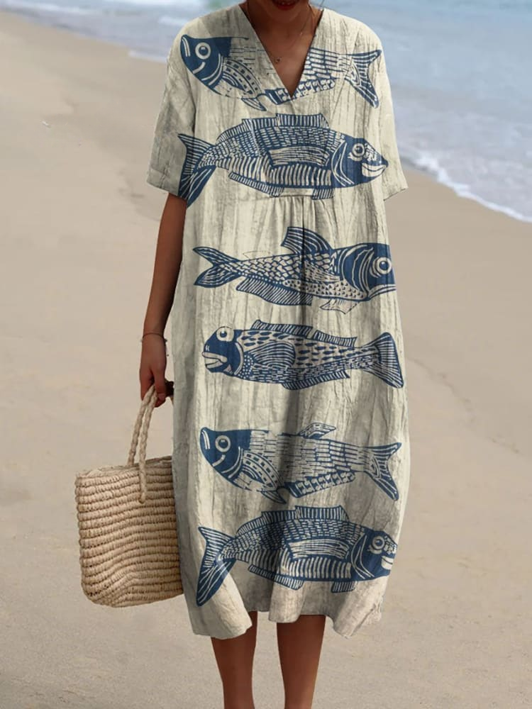 Vintage-Inspired Women's Flowy Dress with Charming Fish Art Print