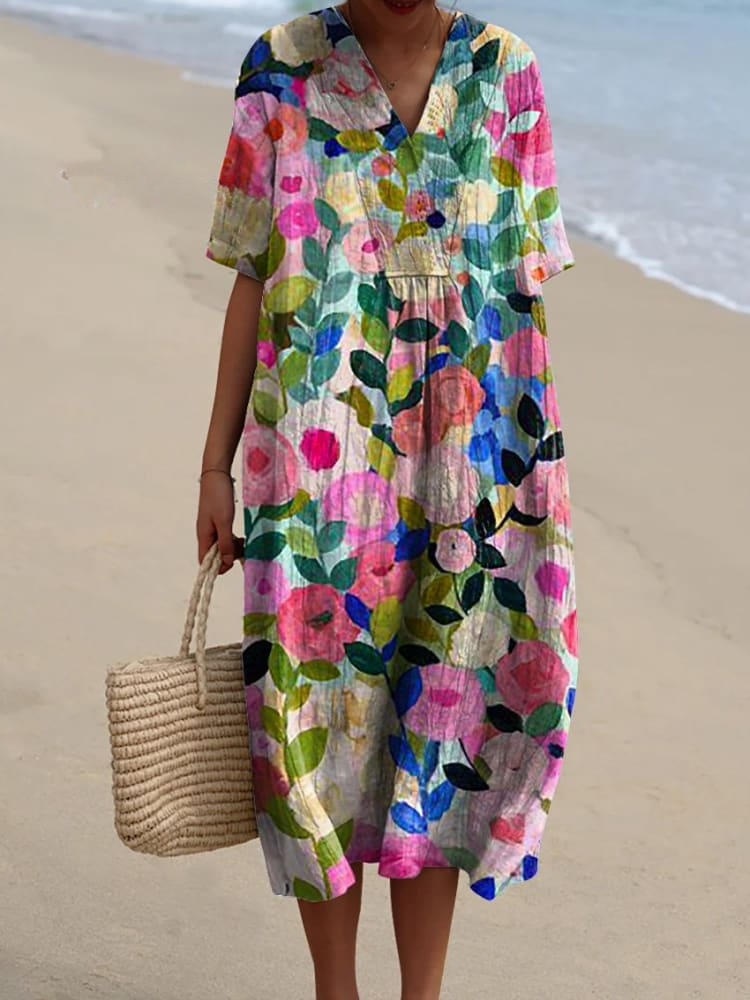 Vibrant Floral Garden Print Flowy Dress for Women