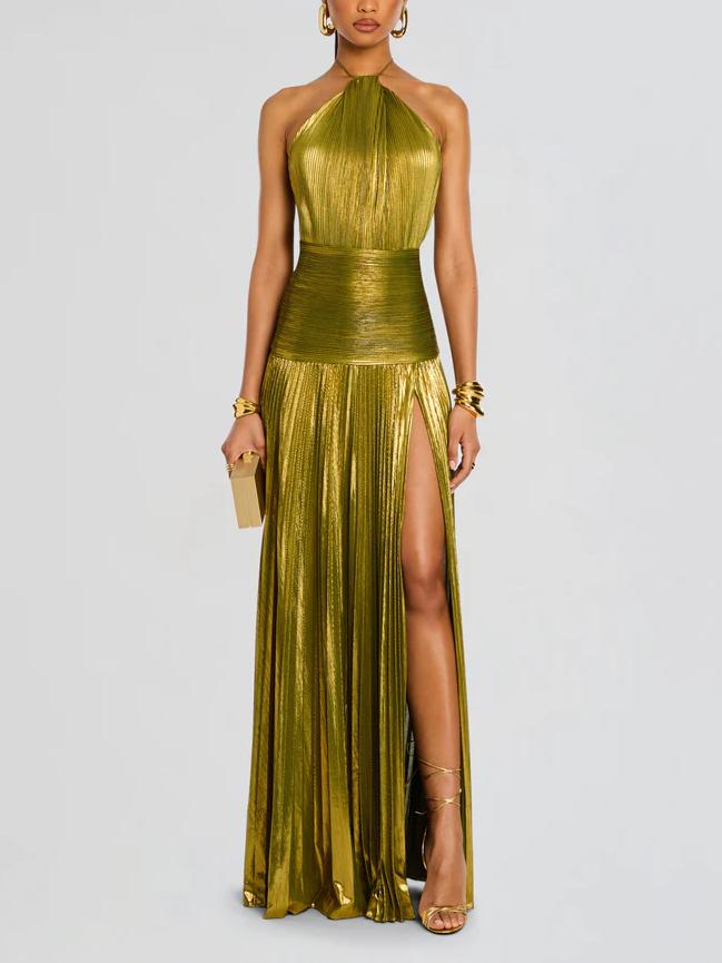 Amara | Metallic Peridot Maxi Dress