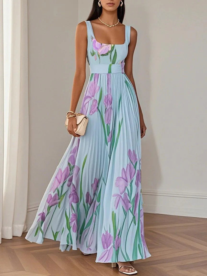 Breeze Pleated Floral Chiffon Square Neck Sleeveless A-Line Maxi Dress
